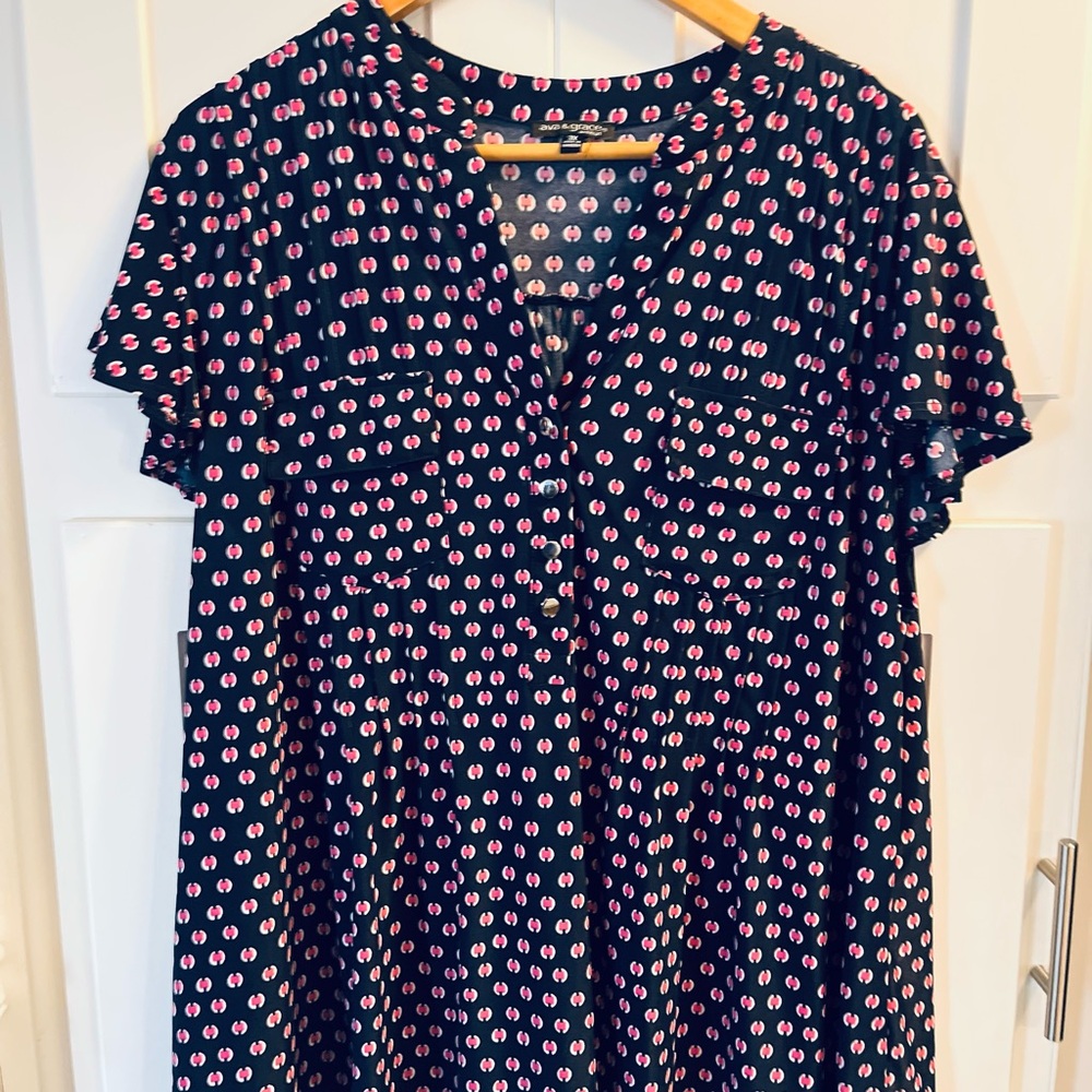 Ava & Grace Navy Blouse with Pink Dot Print